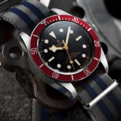 1973 British Military Watch Strap: ARMOURED - Grey/Red, Polished -Zuludiver Watch Straps Store 2ZUL JUE Lifestyle 1 with blue stripe b42ff4a3 7ebd 4bd7 98d6 eef60e1067d2