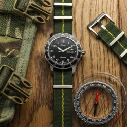 1973 British Military Watch Strap: AIRBORNE Elastic - Marine Nationale -Zuludiver Watch Straps Store AIRBORNE Elastic GREEN AND yELLOW ON sINN 755d4483 73b7 4636 a64d a2d50aa4db7d